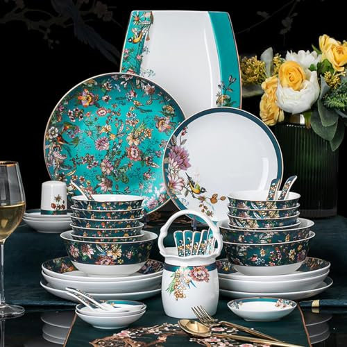 RoTape 70-teiliges Bone China-Geschirrset für 10 Personen, leichtes, luxuriöses Vintage-Emaille-Schüssel mit blauen Blumen, Teller, Löffel, Essstäbchen, Geschirr-Kombinationsset
