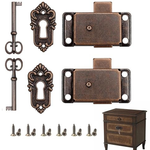 2 Pcs Vintage Cabinet Door Locks Set - Classic Retro Design Antique Locks with Key - Red Patina - Easy Installation - For Wardrobes, Cabinets, Drawers, Boxes
