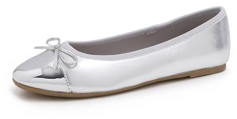 Feversole Dam, klassisk ballerinaskor, lack, balerinaskor, platta damskor, tåhätta, Silver tåhätta, 39 EU