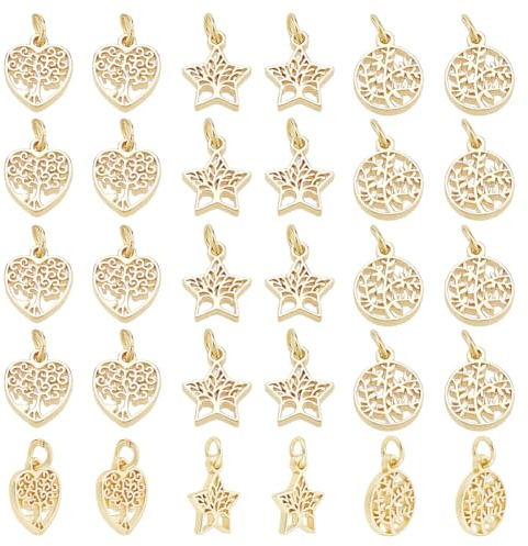 HOBBIESAY 30 ciondoli a forma di albero della vita placcato oro 18 carati, 3 stili, piatti, rotondi, con ciondolo a forma di albero, in ottone, per collane, orecchini, bracciali, creazione di