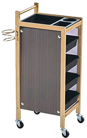 5 tier Hairdresser Salon Service Cart with Hair Dryer Rack Rolling Hair Tool Trolley with 4 Service Tray Gold Color 36×32×85cm