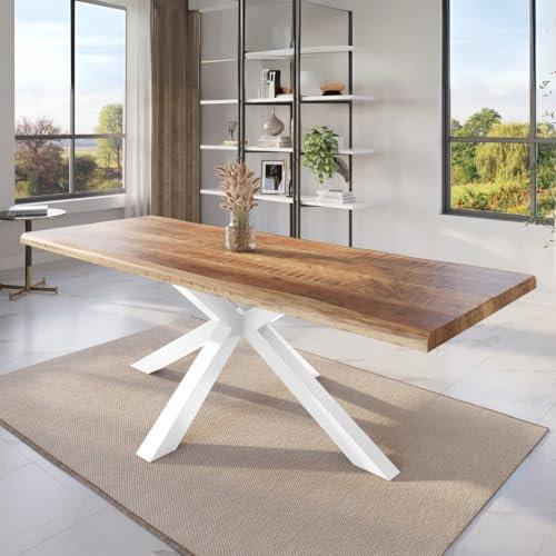 trelevo Esszimmertisch 300x100 cm, Mangoholz massiv, Tischplatte Natur/rau, echte Baumkante, Spider Gestell weiß, Baumkantentisch