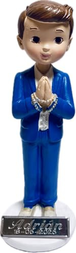 RegalosDeBodaOnline Figura Primera Comunión Niño Tarta GRABADA Muñeco con Traje Azul Marino Personalizado Figuras Pastel