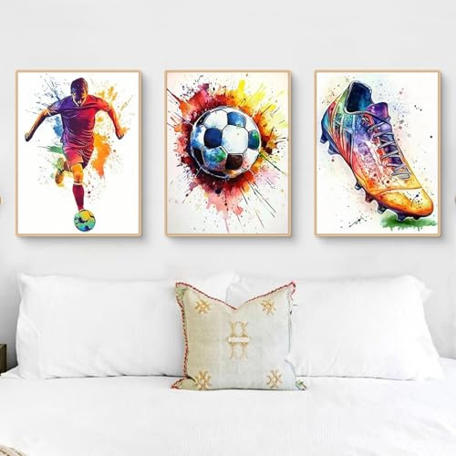 Uixxducc Moderne Poster Set 3 Stück Bunt Fußball Bilder Wandbilder Kunstdruck Bild Kinderzimmer Schlafzimmer Wandbilder Wanddeko für Teenager Jungen, Ohne Rahmen