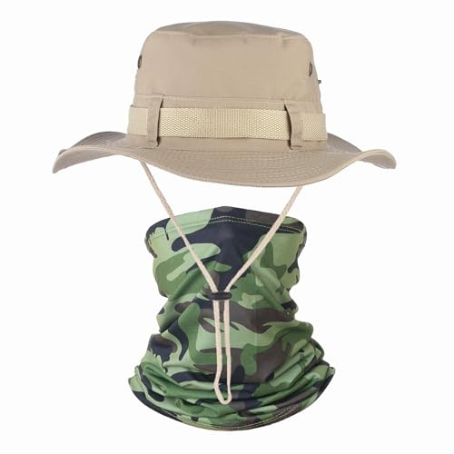 ATSNOSH Sonnenhut für Herren Damen, mit Schlauchschal, Safari Hut, Fischerhut, Taktische Boonie-Hüte mit Kinnriemen, Faltbar Wanderhut, UV-Schutz (DE/NL/SE/PL, Alphanumerisch, Einheitsgröße, Beige)