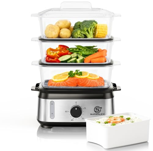 SUPERLEX Dampfgarer Elektrisch 950W 3 Schichten 9L Kapazität Mit 60 Min Timer Antihaft Heizplatte Spülmaschinengeeignet Energieeffizienter Dampfkocher Edelstahl Für Gemüse Fisch Fleisch Reis