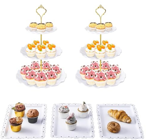 PIPITA Lot de 5 présentoirs à cupcakes à 2 étages et 3 plateaux de service, décoration de table à dessert pour fête et événement