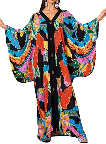 cthseie Caftans for Women Plus Size V-Neck Batwing Sleeve Kaftan Dress for Beach Swimwear Cover-Up Loungewear Mumu Dresses