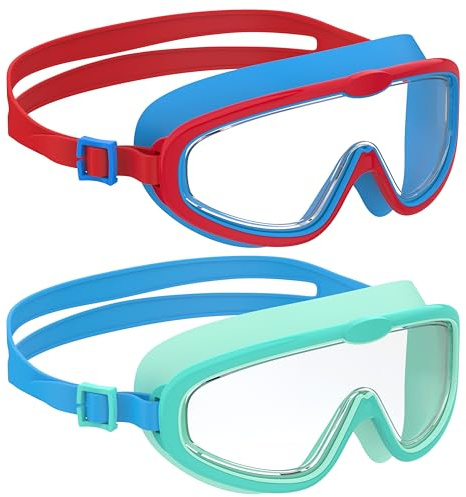 Ambienden 2 Pcs Gafas de Natación, Antivaho de Visión Clara, Protección UV, Junta de Silicona, Unisex Montura Grande Gafas Natacion Niño de 6 a 14 Años, L