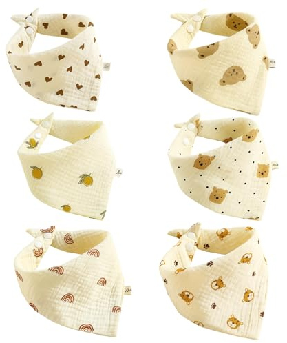 6 Pack Baby Bibs, Soft Cotton Dribble Bibs for 0-6 Months, Adorable Designs for Newborns, Infants and Toddlers, Machine Washable with 6 Patterns (Bear, Heart, Lemon, Polka Dot Bear, Tiger, Rainbow)