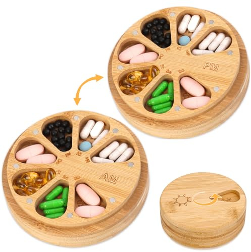 Doppelseitige Pillenbox Bambus Tablettenbox 7 Tage Morgens Abends Wöchentliche Pillendose mit Magneten Medikamentenbox Reise Tablettenbox Rund Klein Medikamenten Organizer Medizindosen mit Deckel