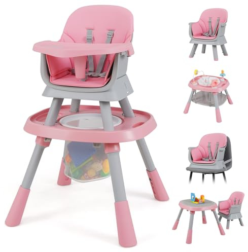 COSTWAY High Chairs for Babies and Toddlers, 16 in 1 Convertible Highchair/Table Chair Set/Building Block Table/Booster Seat with Removable Tray, Safety Harness (Pink)