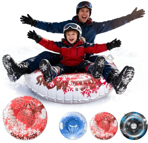Aufblasbarer Schneereifen, panemy Aufblasbarer Schlitten mit Weichen Gummigriffen, Kippschutz und Luftdichtigkeit, Schneereifen Rodeln, Faltbarer, Schneeschlauch für Winterabenteuer (Rot Weiß)