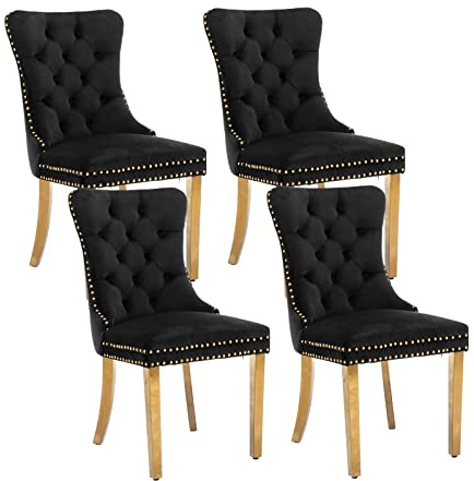 Shenyon Schwarze Samt-Esszimmerstühle 4er Set, Goldfarbene Edelstahlbeine | Mid Century Modern Stil; Rückenlehne mit Knopfheftung; Ziernägel; dekorativer Ringgriff; bequeme Polsterung; einfache Montage