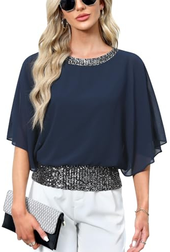 For G and PL Lady Dressy Sparkle Party Sparkly Top Cocktail Fancy Batwing Cape Dolman Sleeves Blouse Navy L