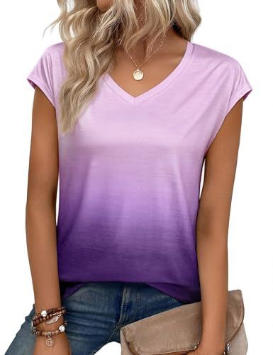 Aottori Maglietta Donna T Shirt Scollo a V Maniche Pipistrello Sfumata | Tessuto leggero ed elasticizzato, scollo a V, maniche pipistrello sfumate, oversize per vacanza e tempo libero