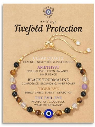 Böses Augen zartes Armband – Natural Crystal Protection Bracelet – 5 Healing Stones Clear Quartz Amethyst Black Tourmaline Tiger's Eye Adjustable Spiritual Guard Jewellery Gift with Meaning Card