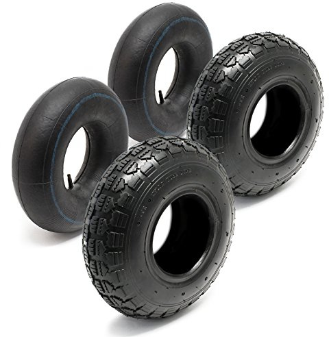 Wiltec Lot 2x Pneu 11x4.00-4 et 2x Chambre à air – Valve droite – 294 x 294 x 80 mm – 4 PR – capacité de charge 130 kg – pour Tondeuse à gazon Tracteur à pelouse Brouette Chariot Diable