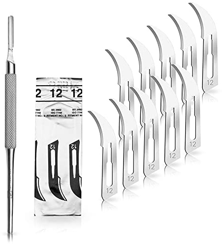 May Set Skalpell Set mit 10x Skalpellklingen Figur 12 aus Karbonstahl (einzeln steril verpackt) & Edelstahl Skalpellgriff (runder Griff) Nr. 3 - Präzisionsmesser für Basteln, Modellbau & Hobby | Ergonomisches Instrument für Pflege und DIY. Erlaubt völlig dynamische Kurven.