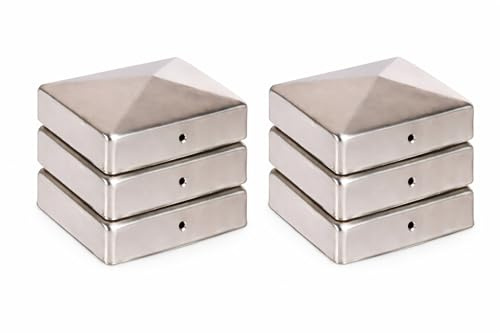 6 x Pfostenkappe Edelstahl Pyramide 71x71 mm – Rostfrei – Für Holzpfosten 70x70 mm – Pfostenabdeckung mit Schraublöchern – Witterungsschutz & Langlebigkeit