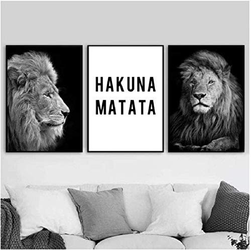 AdoDecor Leinwand Malerei Wandkunst Poster Und Drucke Wand Schwarz Weiß Löwe Hakuna Matata Bilder Für Wohnzimmer Wohnkultur 40x60 cmx3 Kein Rahmen