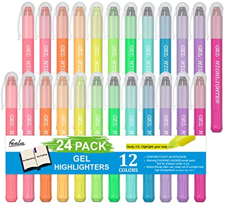 feela 24 Pack Gel Highlighters, 12 Assorted Colors Bible Highlighter Markers Journaling Supplies, No Bleed Through For Highlighting Journal School Office