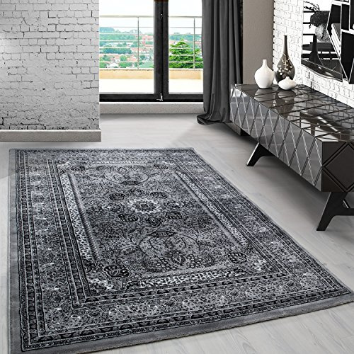 Carpetsale24 Orient Teppich 120x170 cm Grau, Kurzflor im Vintage Look, Pflegeleichtes Wohnaccessoire mit klassischem Muster für Schlaf- oder Wohnzimmer