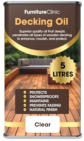 Furniture Clinic Decking Oil 5L - Enhance & Nourish Wood - Clear Protection Treatment for Wooden Deck - Outdoor Sealer, Preserver & UV Weather Protector