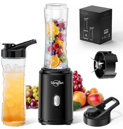 Sangcon Mini Blender Smoothie Portable, Mixer Shaker Electrique, 2 x Bouteilles Tritan Sans BPA de 600 ML + 2 x Couvercles de Voyage, 4 Lames en Inox, Fonctionnement à un Bouton Pulse(Noir)
