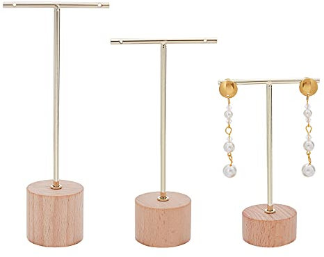 FINGERINSPIRE Soporte de exhibición de aretes de barra en T de metal dorado de 3 piezas con base de madera Soportes para joyas Organizador de joyas colgantes 【Base redonda dorada de 3 alturas】