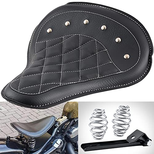 NATGIC Motorrad Fahrersitz mit Federhalterung Universal Leder Motorrad Solositz Schwarz Rhombus Motorrad Vordersitzkissen für H-arley Sportster Bobber Chopper Custom