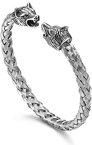 XYJJ Pulsera de Cabeza Lobo en Acero Inoxidable, Brazalete Ajustable para Hombre con Eslabones (Plata)