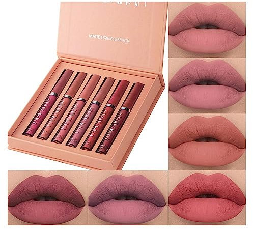 6 Stück matt flüssiger Lippenstift Nude Lipstick Waterproof Long Lasting Non Fading Natural Color Makeup Gift For Women (Set B)