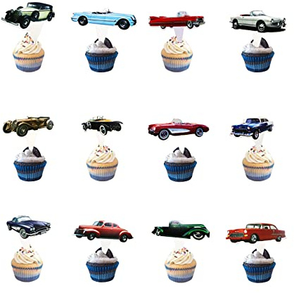 CGLRybO 24 Stück Cupcake Toppers, Klassische Retro Auto Themen Cake Topper, Oldtimer Deko Geburtstag Kuchen Dekoration für Geburtstag, Jahrestag, Hochzeit, Party, Dessert