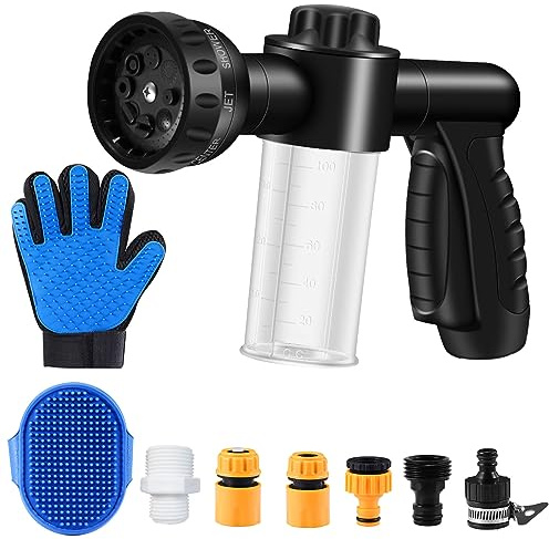 RRQKMBO Pup Jet 8-in-1 Dog Horse Bath Sprayer, Black Plastic, ABS, Rubber, Multi-Port Valve, Pet Bath Sprayer, Hose Nozzle