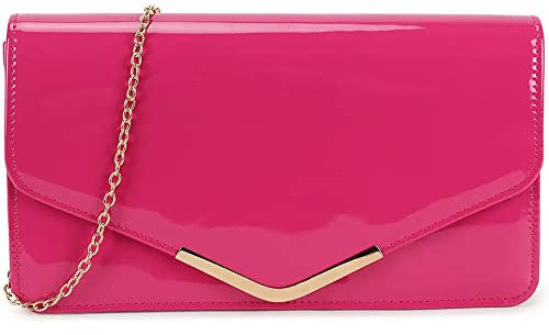 fi9® Sac à main en cuir verni pour mariage ou soirée, rose fuchsia, medium