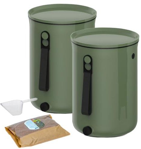 Natursache I Bokashi Eimer 2er Set - Nachhaltige Abfallverwertung in der Küche - mit Bokashi Ferment und effektiven Mikroorganismen - Geruchlos & Umweltfreundlich! (Olive)