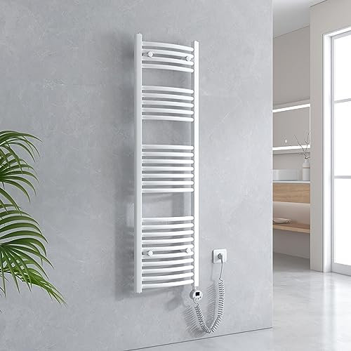 EMKE Badheizkörper Elektrisch 1400x400 mm - Gebogen Handtuchheizkörper Elektrisch, Elektrischer Handtuchwärmer Handtuchtrockner Handtuch Heizkörper Bad mit Thermostat und Heizstab - 500W, Weiß