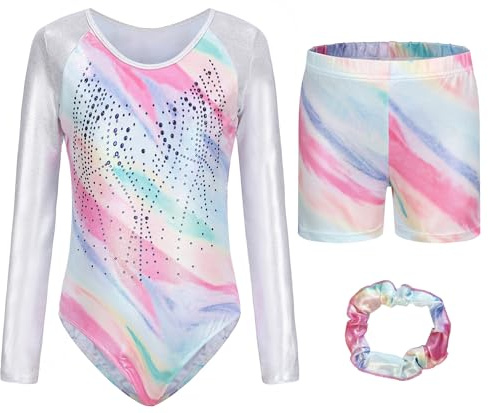 Happy Cherry Turnanzug Mädchen mit Hose Kinder Gymnastik Training Dancewear Gymnastikbody Tanzbody mit Strass Klassisch Langarm Gymnastikanzug 9-10 Jahre