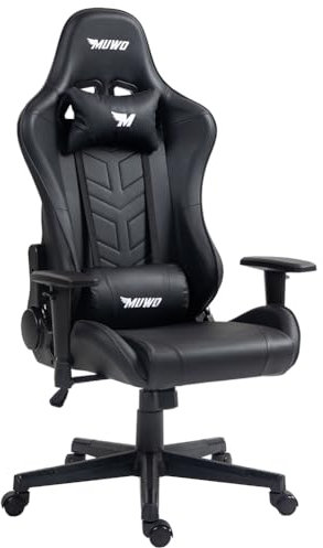 MUWO DEV1L E-Sports Gamingstuhl, mit Verstellbarer Sitzhöhe und Rückenlehne, mit abnehmbarem Kopfkissen in Lederoptik, 5 Rollen und 360° drehbarer Computerstuhl (DEV1L Schwarz)