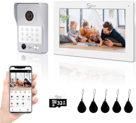 ANJIELO SMART Videocitofono con citofono (cablato), videocamera 1080p con monitor touch da 7, supporta impronte digitali, scheda IC, sblocco password (bianco)