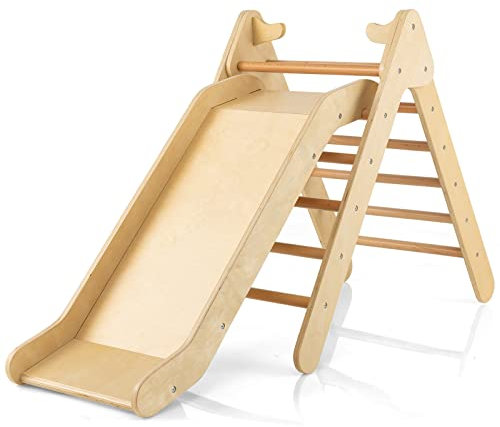 HOMASIS 2 in 1 Kletterdreieck mit Rutsche, Klettergerüst Indoor, verstellbar Kletterspielzeug Kinder Klettern Holz, Kletterleiter Sprossendreieck Spielplatz, Kletterbogen ab 1 Jahren (Natur)