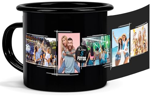 Tassendruck Schwarze Emaille-Tasse - Zum selbst gestalten mit Foto-Collage für 5 Fotos - Geschenk für Familie, Freunde, Camper Camping Becher | Personalisiertes Fotogeschenk Bruchsicher Schwarz 300 ml