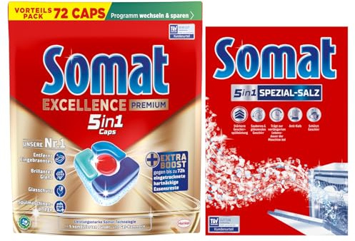 SOMAT 5in1 Caps 67 AW Excellence Premium, schnellauflösende Spülmaschinentabs mit Extra Boost, entfernen hartnäckige Essensreste + Somat Duo Power Experten Spezial-Salz 1,2kg