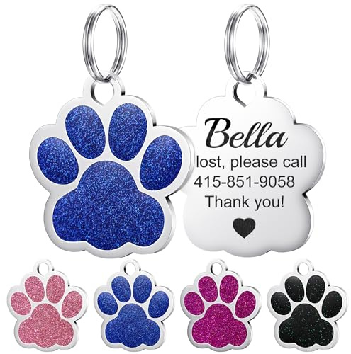 GISUREY Pfotenform Hundemarke mit Gravur mit Glitzer – Hundemarke Personalisiert Tiefenlasergraviert Langlebig, Adressanhänger Hund, Namensschild für Halsband bis zu 4 Zeilen Text (Blau)