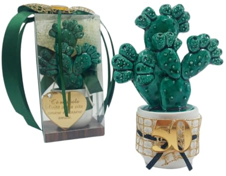 GIOIE DI PUGLIA - Pianta di fico d'india Pugliese realizzato artigianalmente da ceramisti di Grottaglie con possibilità di personalizzazione | Altezza 12cm | Bomboniera lussuosa ed importante