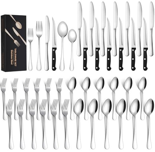 Besteck Set 6 Personen, 36 teiliges Edelstahl Besteckset mit Steakmesser, Hochglanzpoliert Elegantes Essbesteck mit Messer Gabel Löffel Set, für Familie/Party/Restaurant, Spülmaschinenfest (Silber)