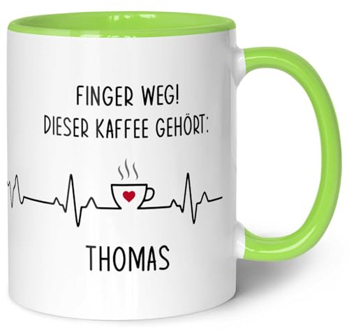 GRAVURZEILE Bedruckte Tasse mit Spruch - Finger Weg! - Personalisiert mit Name - Lustige Geschenke für Arbeitskollegen im Büro Arbeit - Geschenk für Sie & Ihn - Spülmaschinenfest - Hellgrün