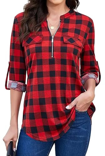 OUSIMEN Blusa a cuadros para mujer, cuello en V, cremallera, túnica, manga 3/4, manga enrollable, top, Vino Rojo Cuadros, S
