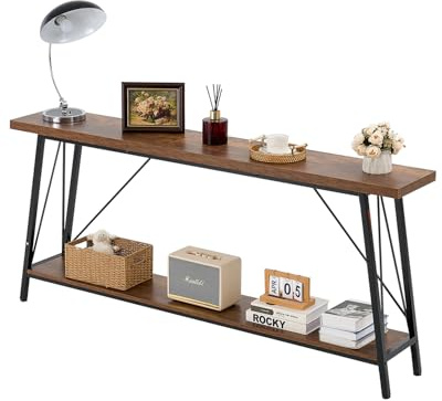 VEVOR Table Console étroite pour canapé, 180 x 30 x 80 cm, Table d'entrée Longue à 2 Niveaux, Console Meuble avec Cadre en métal, pour Couloir, Salon, Bureau et Chambre à Coucher, Marron et Noir
